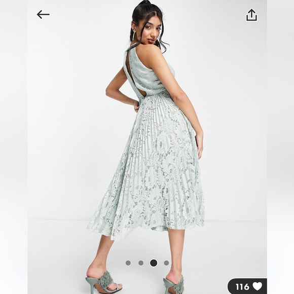 ASOS DESIGN NWT Pinny Midi Prom Dress Pleated Lace Sage Green Size 6 - Picture 3 of 6